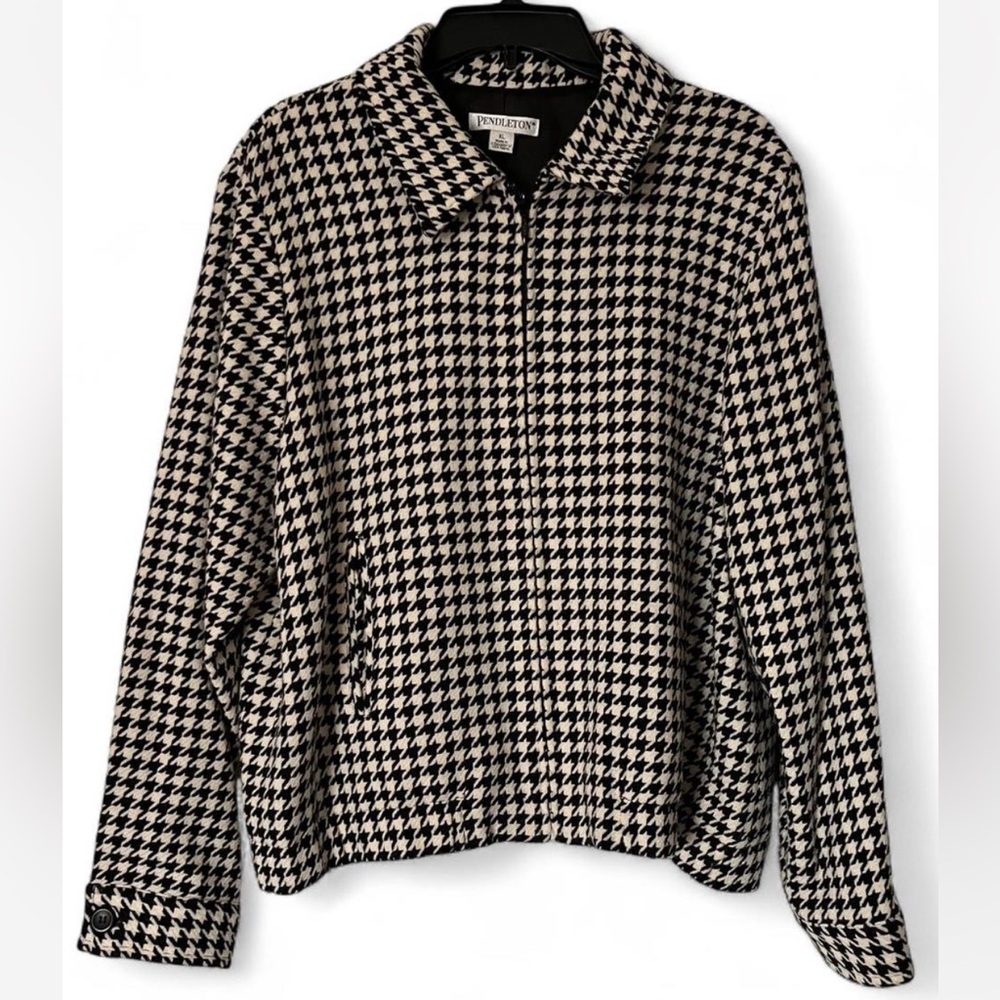 Pendleton Houndstooth Wool Y2k Era Full Zip Jacket Black & Cream Size XL